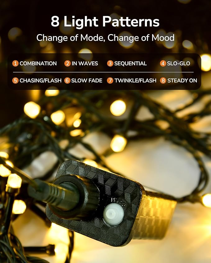 Christmas Lights, 200 LED 76FT Christmas Tree Lights, 2024 Upgraded Twinkle LED String Lights with 8 Modes for Indoor/Outdoor Xmas Tree Decorations, Bubble LED Warm White, Adapter Included