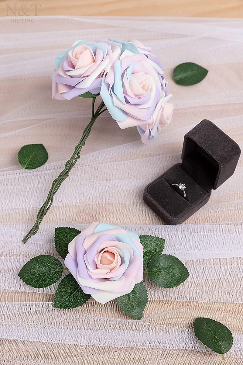 N&T NIETING Artificial Flowers, 25Pcs Fake Flowers Roses Perfect for DIY Wedding Bouquets Centerpieces Bridal Shower Party Home Flower Arrangement Decorations, Rainbow Color