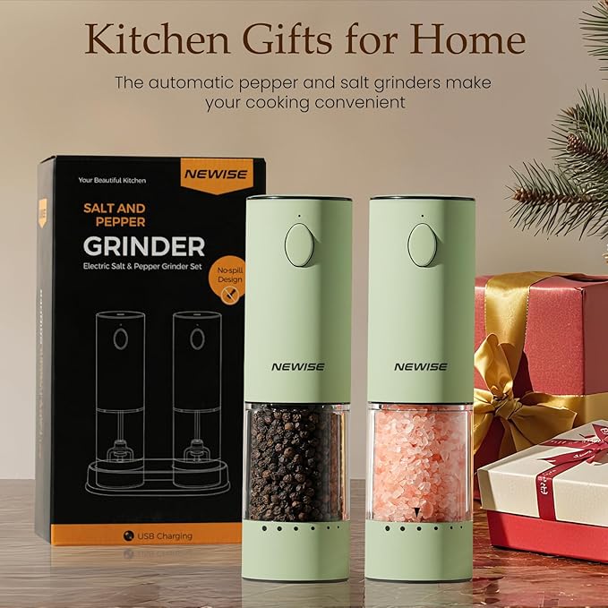 Electric Salt and Pepper Grinder Set Rechargeable with LED Lights, Automatic Pepper & Salt Mill, Adjustable Coarseness, Large Capacity, Green