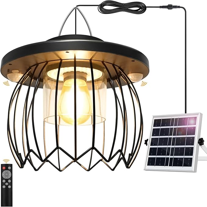 Solar Shed Light Outdoor Indoor, 3000LM Solar Chandelier 5 Modes (Daytime Available) Lamp with 3 Color Temps Dual Motion Sensor Remote, Hanging Pendant Lights for Gazebo Garage Shop Garden