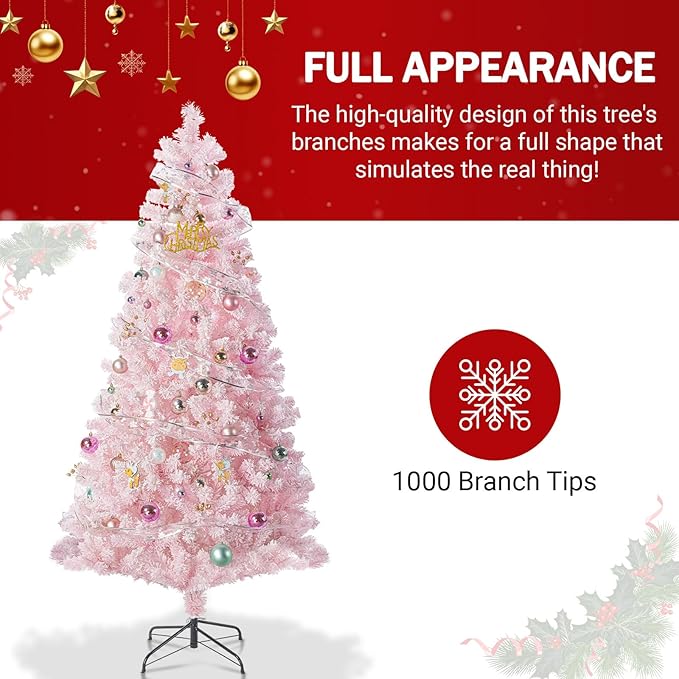 6FT Pink Artificial Christmas Tree with 1000 Realistic Branch, Flocked Full Xmas Tree with Foldable Stand, Easy Assembly Hinged Pine Tree for Home, Shop, Office, Party Holiday Decoration
