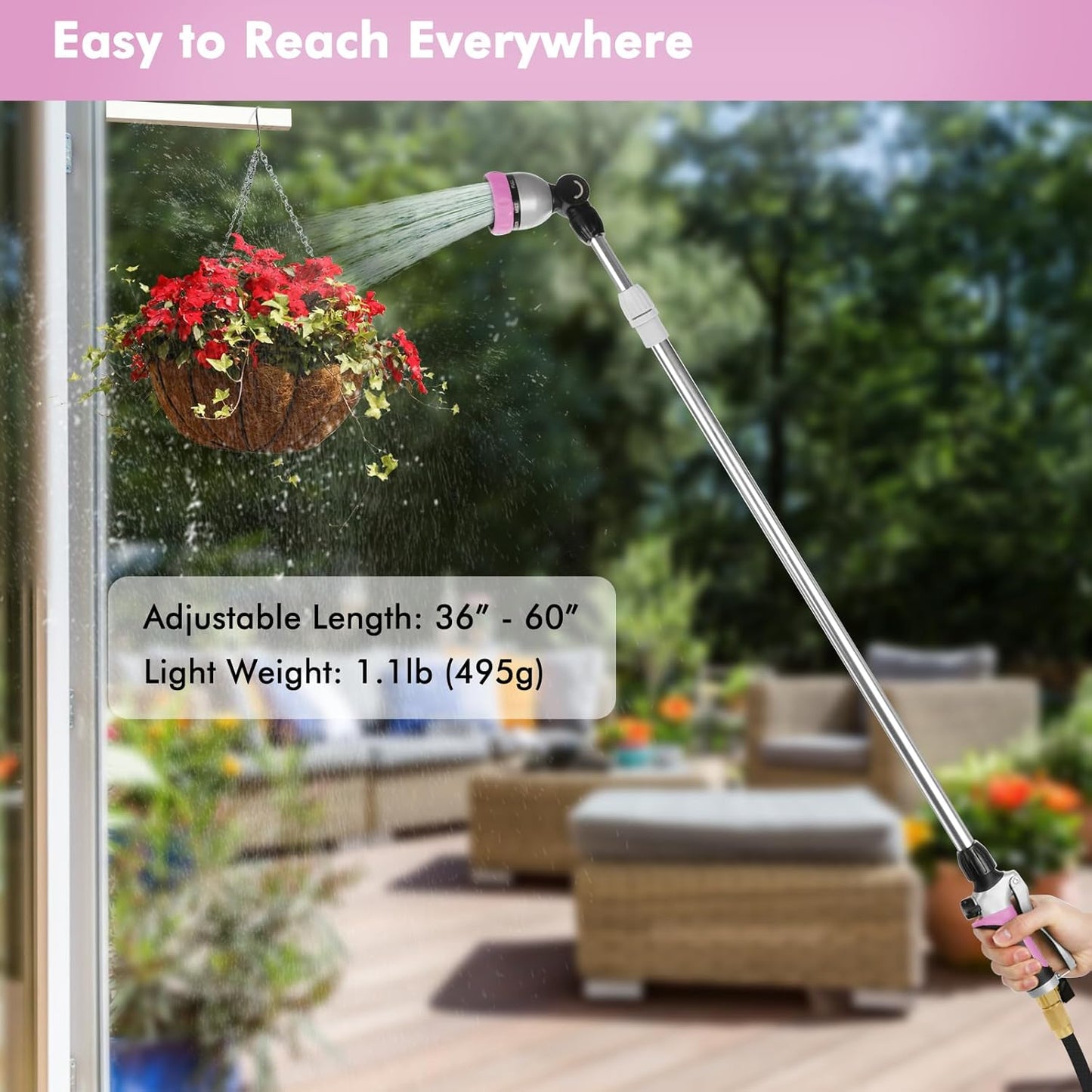 RESTMO 36”-60” Metal Watering Wand, Long Telescopic Tube | 180° Adjustable Ratcheting Head | 7 Spray Patterns | Flow Control, Garden Hose Sprayer to Water Hanging Baskets, Shrubs, Pink