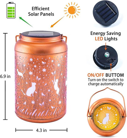 Cat Solar Lanterns Outdoor Hanging Waterproof Solar Lights Cat Gifts for Women Men Metal Decorative LED Lanterns for Outside, Patio, Landscape, Yard Decor, Garden Decorations