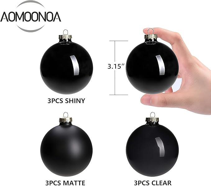 Black Glass Christmas Ball Ornaments for Xmas Trees, 3.15” Christmas Hanging Ornaments Set of 9 for Holiday Party Xmas Tree Decorations Gifts