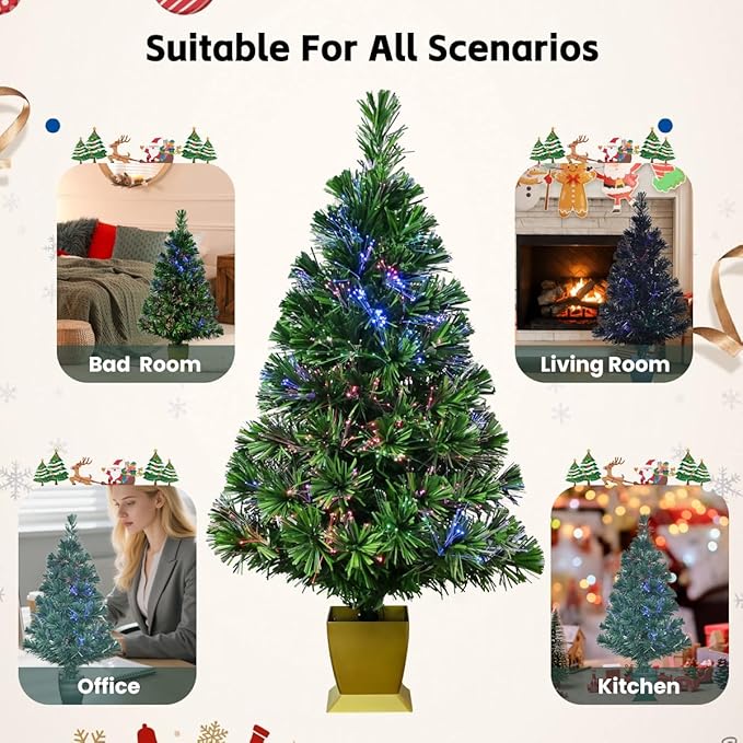 32inch Pre Lit Fiber Optic Christmas Tree,Small Christmas Tree with Lights,Mini Tabletop Christmas Trees,Starry Sky‌ Xmas Tree for Home,Office,Party Decoration,Indoor,Outdoor(Green)