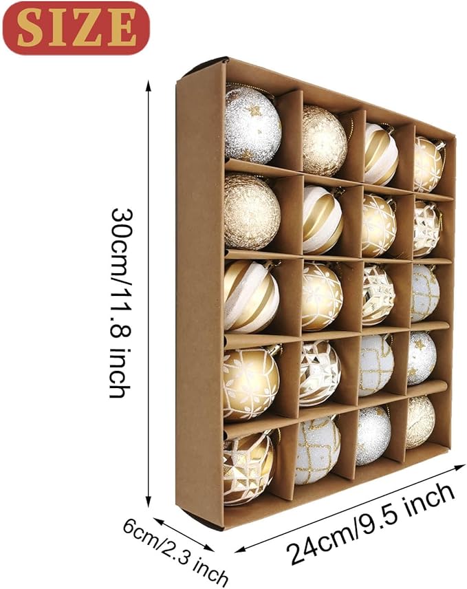 Christmas Ball Ornaments Set, 20ct 60mm Elegant White and Gold Assorted Christmas Tree Decorations, Shatterproof Christmas Tree Hanging Ornaments for Xmas Decoration