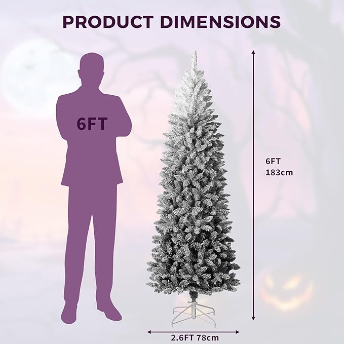 GAOMON 6Ft Prelit Black Christmas Tree with Lights Slim Artificial Halloween Christmas Tree Artificial Pencil Tree Automatic Branches for Home, Office, Party Decoration, White & Black Gradient