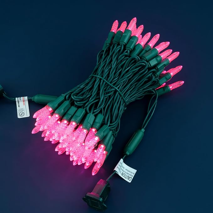 100 Pink Faceted One-Piece LED Christmas Lights, 33 ft Green Cord High Waterproof UL Certified M6 Outdoor String Lights (Pink)