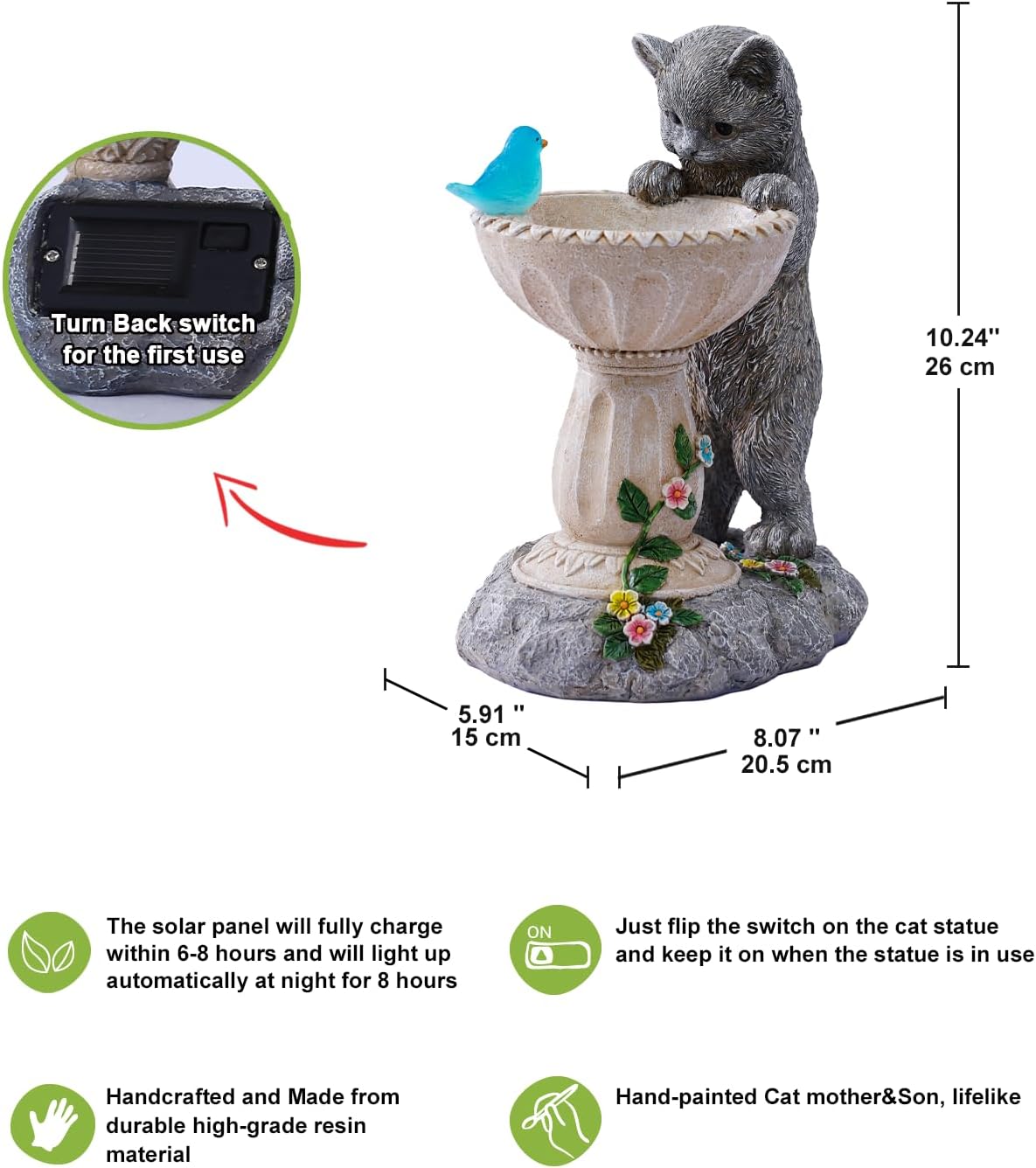 Nacome Solar Cat Birdbath Garden Decor: Outdoor Statues Ornaments for Outside Decorations Yard Art Lawn Porch Patio Balcony - Birthday Gifts Choice for Mom Grandma Women Lover