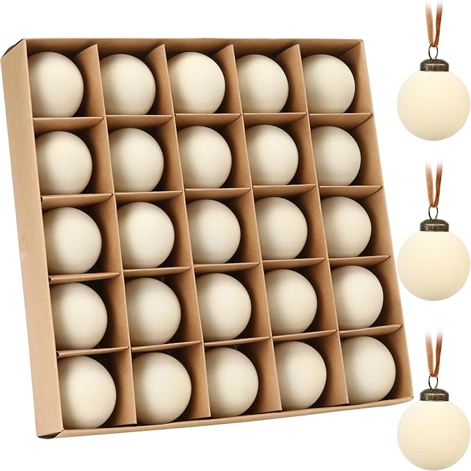 Sea Team 25-Pack Flocked Velvet Christmas Tree Ball Ornaments Set, Hanging Velour Baubles, Shatterproof Plastic Decorations for Xmas Tree, Wreath, Garland, 60mm/2.36 Inches, Cream