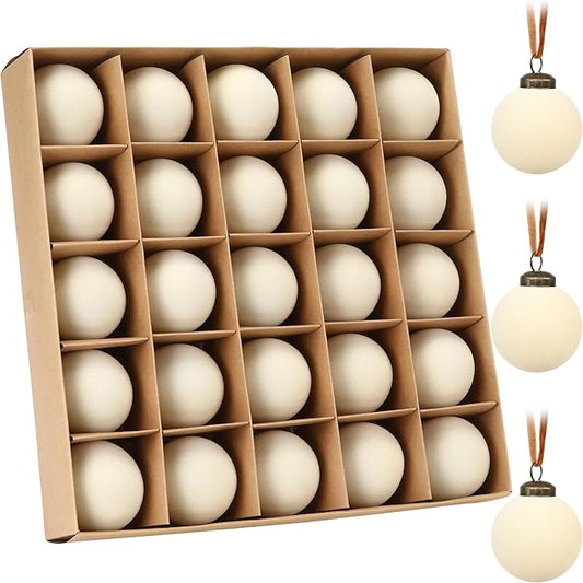 Sea Team 25-Pack Flocked Velvet Christmas Tree Ball Ornaments Set, Hanging Velour Baubles, Shatterproof Plastic Decorations for Xmas Tree, Wreath, Garland, 60mm/2.36 Inches, Cream