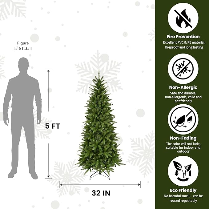 5ft Artificial Pencil Christmas Tree Hinged Realistic Slim Xmas Tree w/Sturdy Metal Stand, Fake Christmas Tree with 610 Tips for Home, Office, Party Decoration Indoor