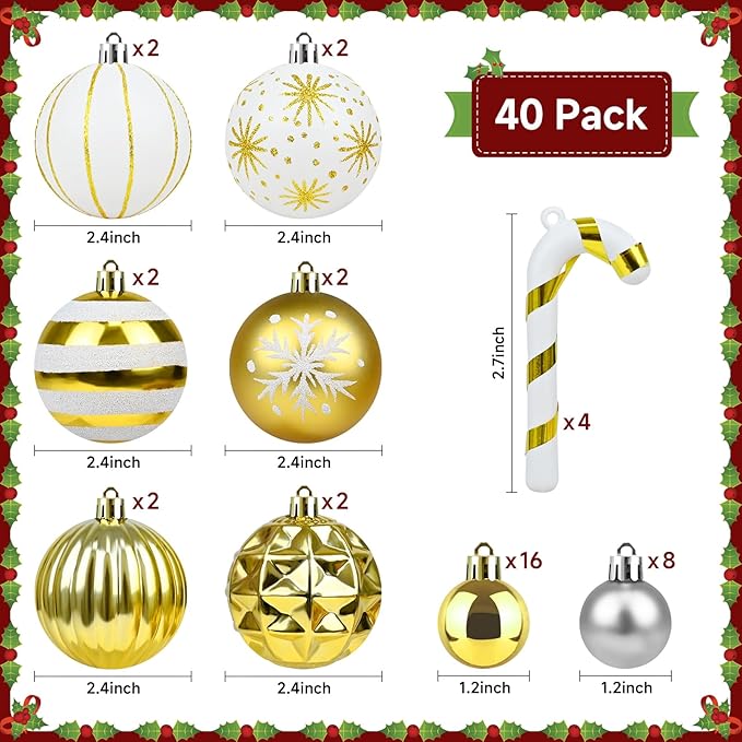 Gold and White Christmas Balls Ornaments - 40Pcs Xmas Tree Decorations, Shatterproof Christmas Ornaments, Hanging Ball Ornament Decorations for Xmas Tree(Multi Color #5)