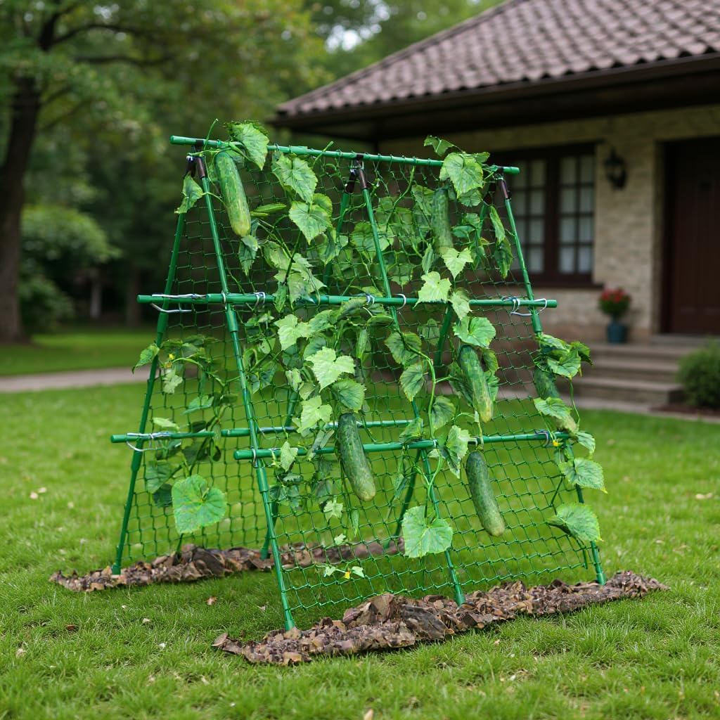 Cucumber Trellis, 4ft x 4ft Green Metal A-Frame Garden Trellis for Climbing Plants – Support for Cucumbers, Tomatoes, Peas, Beans, and Vines, Includes Netting, Fits Raised Beds