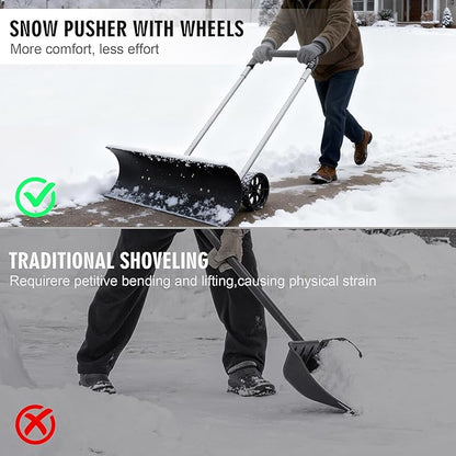 Snow Shovel with Wheels for Driveway, Snow Pusher Shovel with Adjustable Handle, Snow Plow Shovel with Large 37.4” x 9.8” Adjustable Angle Blade for Yards, Sidewalks, Decks, Job Site and Office
