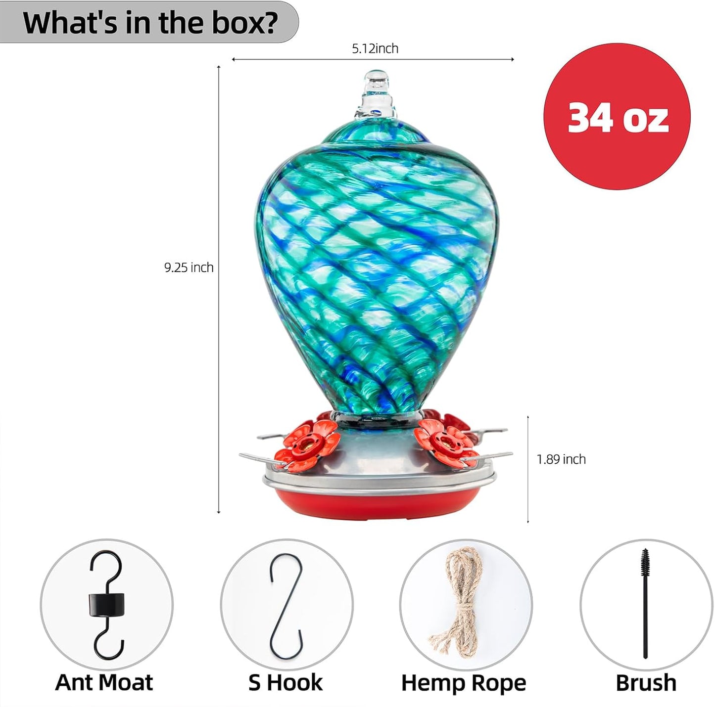 2 Packs Hummingbird Feeder for Outdoors Hanging Ant and Bee Proof, 34OZ 32OZ Hand Blown Glass Hummingbird Feeders for Outside (Yellow & Blue)