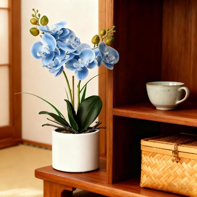 Jusdreen Artificial Blue Orchid in Ceramic Pot, Realistic Phalaenopsis Arrangement with Potting for Home Office Table Decor, 14.5 Inch Flower Centerpiece