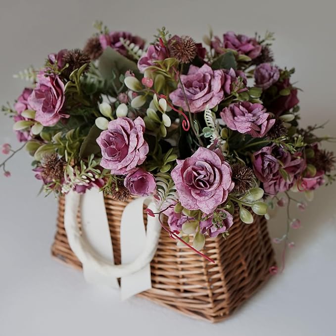 3 Bundles Fall Artificial Flowers Bouquet, Autumn Fake Roses Bouquet Faux Fall Floral Arrangements for Centerpiece Table Wedding Party Home Decor (Purple Rose Red)