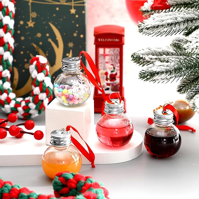 Patelai 100 Pcs Christmas Drink Balls Shot Glass Ornament Plastic Fillable Christmas Tree Ornaments Xmas Water Bottle Bulbs for Holiday Party Indoor Outdoor (Clear with Silver Lid)