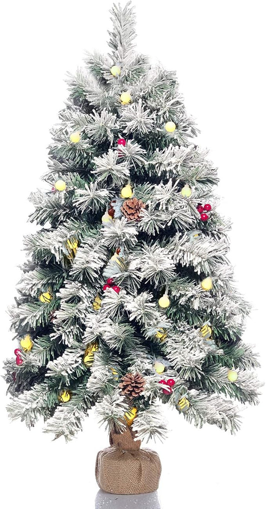 Pre-Lit Artificial Christmas Tree 3ft,Snow Flocked Xmas Pine Tree Decorated with 70 LED Lights,140 Branch Tips,7 Pine Cones,10 Red Berries Christmas Snow Tree for Desktop,Battery Powered