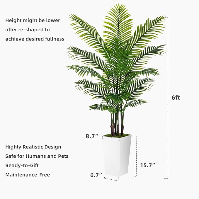 Artificial Palm Tree 6FT - Fake Tree with White Tall Planter - Faux Tropical Areca Floor Plant in Pot - Artificial Silk Plant for Home Office Living Room Decor Indoor