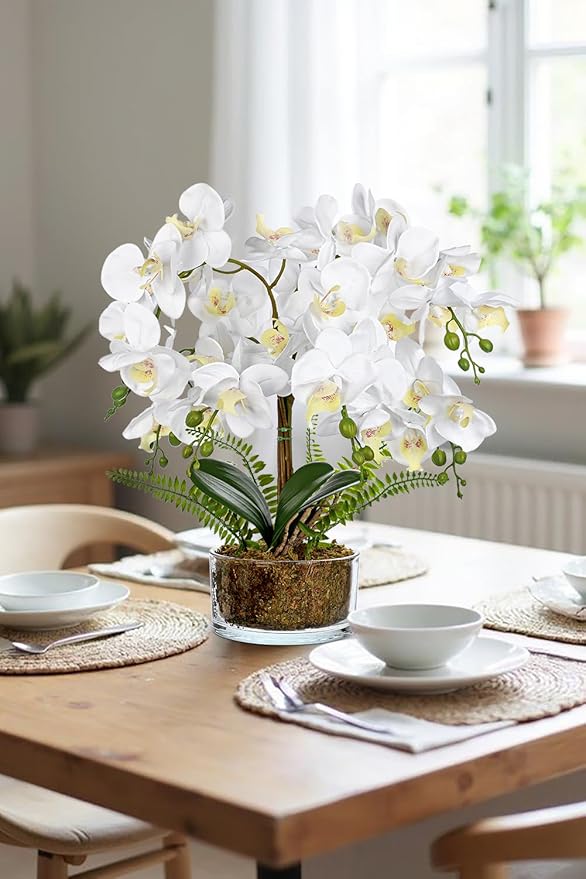 White Orchids Artificial Flowers 16.5" Faux Orchids Plant in Pot Fake Flower Arrangements with Glass Vases White Centerpieces for Kitchen Dining Room Tables Bathroom Nightstand Shelf Desk Decor