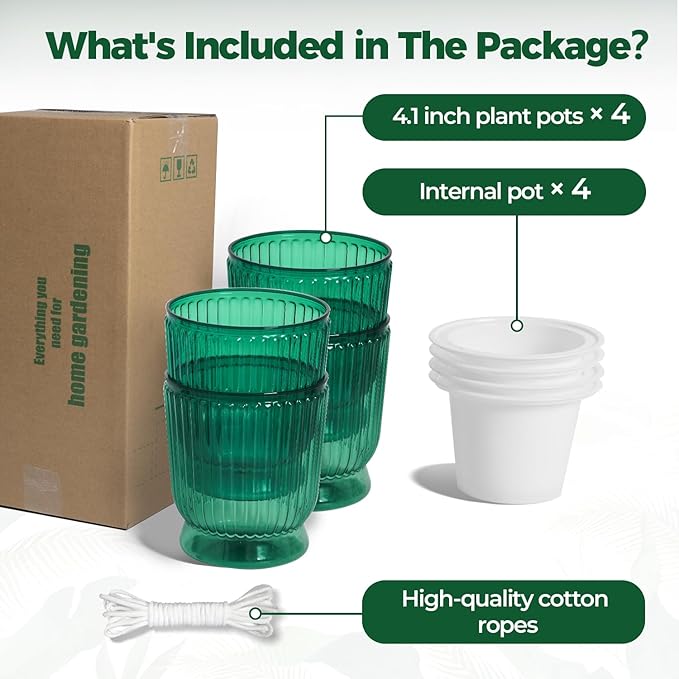 T4U 4 Inch Self Watering Plant Pot, 4 Pack Self Watering Pots, Small Self Watering Planter with Reservoir for Indoor Plants, African Violets (4 Pack 4" Pots, Translucent Green)