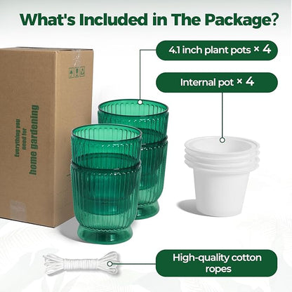 T4U 4 Inch Self Watering Plant Pot, 4 Pack Self Watering Pots, Small Self Watering Planter with Reservoir for Indoor Plants, African Violets (4 Pack 4" Pots, Translucent Green)