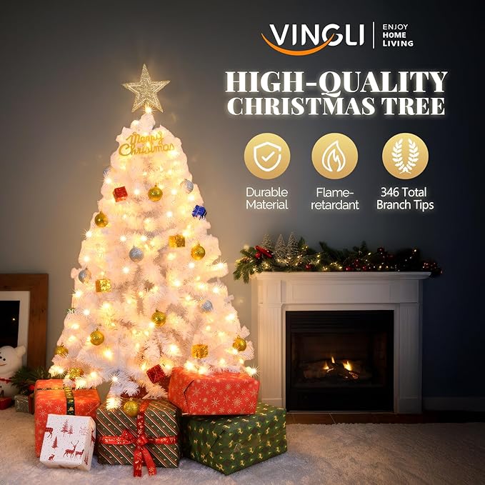 VINGLI 4ft White Artificial Christmas Tree with 140 Warm White Lights, 8 Lighting Modes, 346 Full Tips Branches, Sturdy Metal Stand, Pre-Lit Xmas Tree for Holiday & Party Decorations