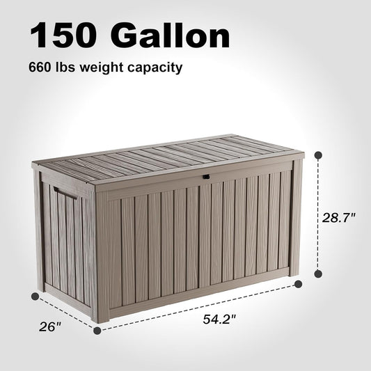 150 Gallon Resin Outdoor Deck Box Waterproof Patio Furniture, Garden Tools, Cushions, Pool Accessories Outside Storage Box (150 Gallon,Grey)