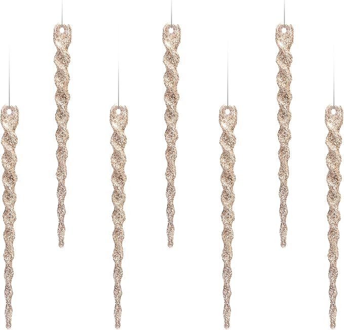AMS Sparkling Glitter Plastic Icicle Ornaments 30 PCS Twisted Icicles Decoration Christmas Tree and Holiday Xmas Party Hanging (5.1'', Champagne)