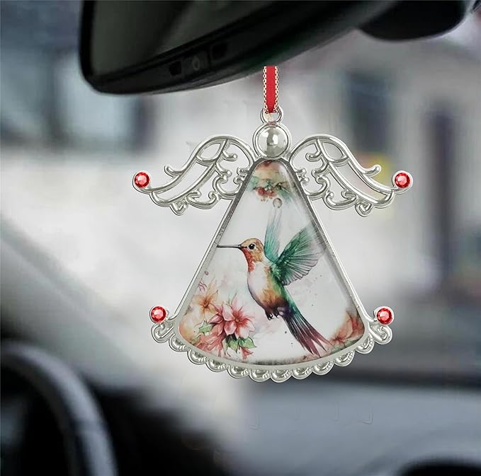 XUTAI Lovely Hummingbird and Pink Flowers Angel Christmas Tree Ornaments Pink Flower Christmas Ornament Glass Christmas Hanging Angel Glass Pendant for Holiday Decoration