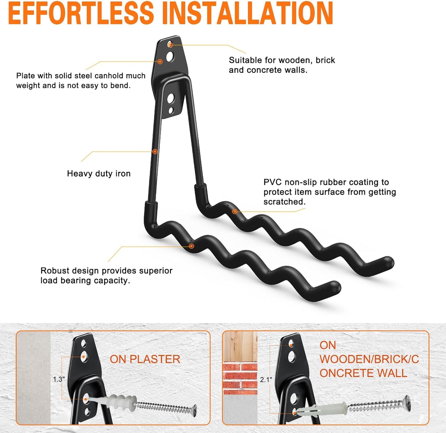 Heavy Duty Garage Hooks 4 Pack, 7.7 inch Wave Long Hanger, Wall Mounted Storage System, Power and Garden Tool Organizer, for Hanging Ladders, Bikes, Hose, Bulk Items and More