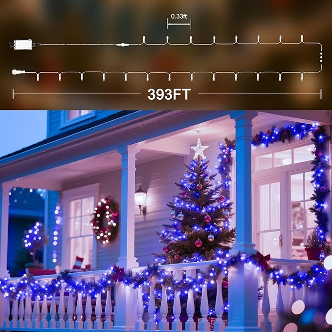 393 FT Christmas Lights 1000 LED Xmas Lights Outdoor Christams String Lights Waterproof 8 Modes & Timer, Fairy Lights Plug in for Weeding, Patio, Party, Holiday,Christmas Decor (Blue)