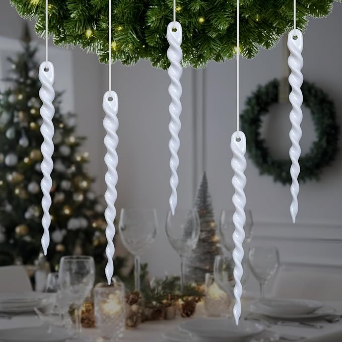 AMS Christmas Sparkling Glitter Icicle Ornaments 30 PCS Acrylic Icicles Ornament Set for Christmas Tree New Year Party Decorations Supplies(5.3''/13.5cm, Ivory White)