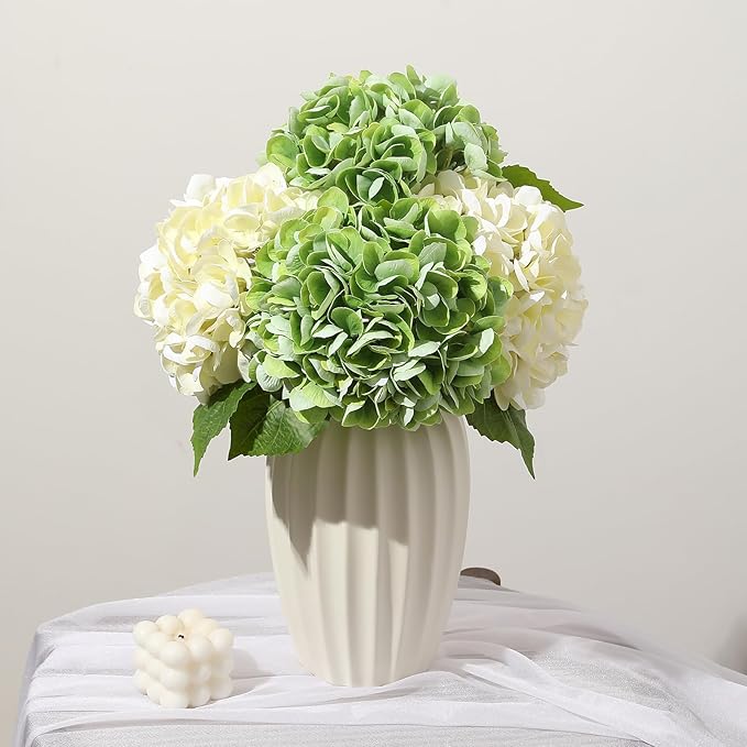 Nubry 22.44In Hydrangea Artificial Flowers, 4Pcs Latex Faux Real Touch Large Hydrangea Flowers with Long Stems & Leaves for Home Office Decor Wedding Party Arrangements(Beige&Green)