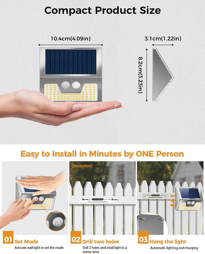 12 Pack Solar Lights Outdoor Motion Sensor, Waterproof Fence Lights 3 Lighting Mode, Warm White LED Outside Lights Wireless for Fence Wall Yard Steps Stairs Garden - Stainless Steel