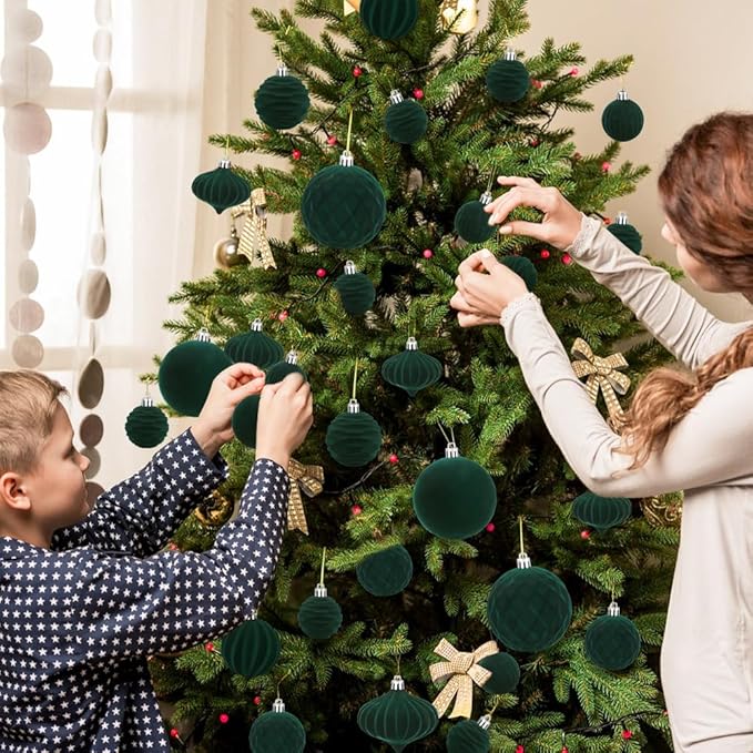 28PCS Velvet Christmas Balls Ornaments, Flocked Shatterproof Dark Green Xmas Tree Hanging Decoration Plastic Ball Set Bulk Ornament for Winter Trees Holiday Party Home Wreath Decor