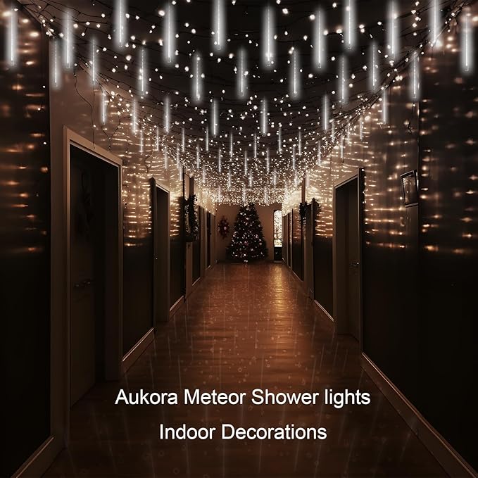 Aukora White Christmas Lights Outdoor, UL Plug 24 Tubes 576 LEDs Meteor Shower Light, Tandemable Icicle Snow Falling Rain Light for Xmas Tree Halloween Decorations Wedding Party Holiday Garden Decor