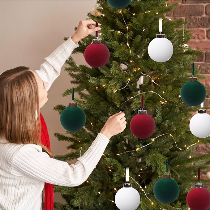 12 Pcs Velvet Christmas Balls Bulk Shatterproof Plastic Christmas Tree Decorations for Decorative Hanging Baubles (12, Wine red、Blackish Green、White, 3.94Inch)