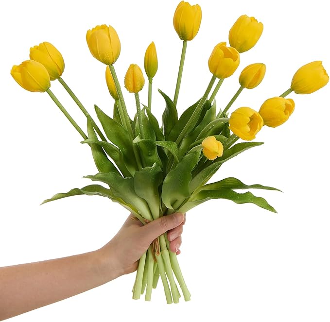 15 pcs Yellow Tulips Artificial Flowers Faux Tulips Real Touch Latex Fake Flower Bouquet for Spring Wedding Home Décor Centerpiece Arrangements