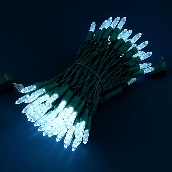 100 Cool White Faceted One-Piece LED Christmas Lights, 33 ft Green Cord High Waterproof UL Certified M6 Outdoor String Lights (Cool White)
