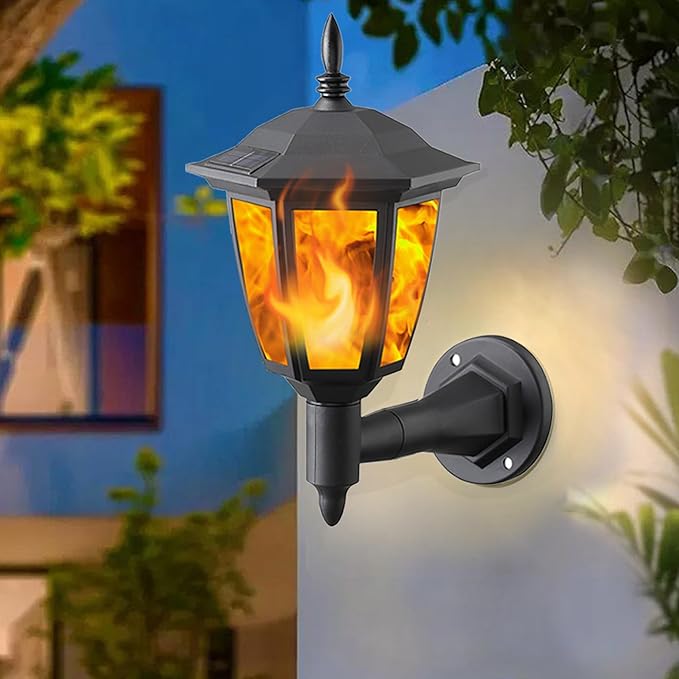 Dynaming 4 Pack Solar Flame Wall Lanterns Outdoor, Solar Powered Wall Mounted Sconce Lights, Flickering Flame LED Lights Auto On/Off Wall Hanging Lights, Waterproof for Garage Stair Patio Porch Yard