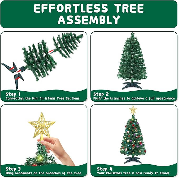 3 FT Small Christmas Tree with Lights, 12 Lighting Modes, Timer&Ornaments, Mini Fake Artificial Xmas Tree for Tabletop, Home, Office, Christmas Decoration Tree Decor