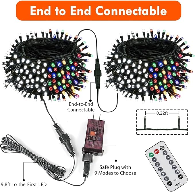 75.8 FT 200 LED Color Changing Christmas String Lights with Remote & Timer & Memory Function, 9 Lighting Modes Waterproof Twinkle Lights for Xmas Tree Holiday Party Garden (Cool White & Multicolor)