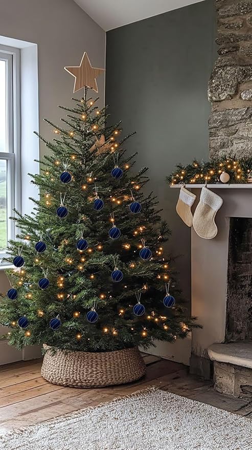 24PCS Velvet Christmas Ball Ornaments Set, 2.36" Shatterproof Baubles for Christmas Tree Decorations, Gold-Lined Hanging Baubles with Velvet Finish for Thanksgiving Holiday Party Décor, Navy Blue