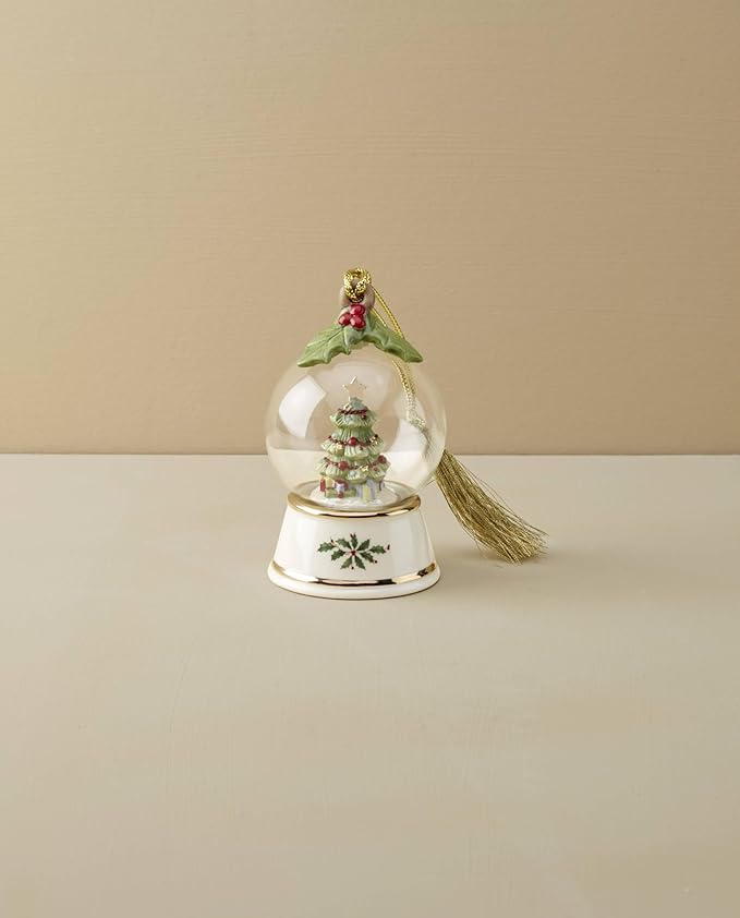 Lenox Ornament, Tree in Snow Globe Ornament, Made from Porcelain, 24K Gold Accents, Includes Gold Cord for Tree Decoration, Christmas Decorations, Christmas Ornaments, Indoor Winter Decor (1 Piece)