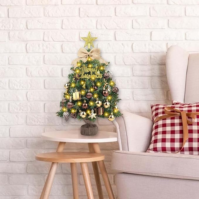 SVNVIOZ 2FT Small Tabletop Christmas Tree with Lights, Mini Artificial Christmas Tree with Bronze Gold Ornaments, Xmas Tabletop Christmas Tree for Holiday Home Decoration
