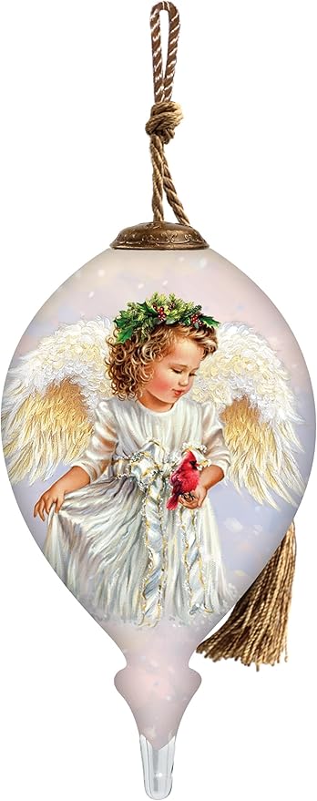 Winter Angel Ornament – Hand-Painted Glass Christmas Ornament – “Peaceful Messenger” Angel with Cardinal Christmas Tree Decoration