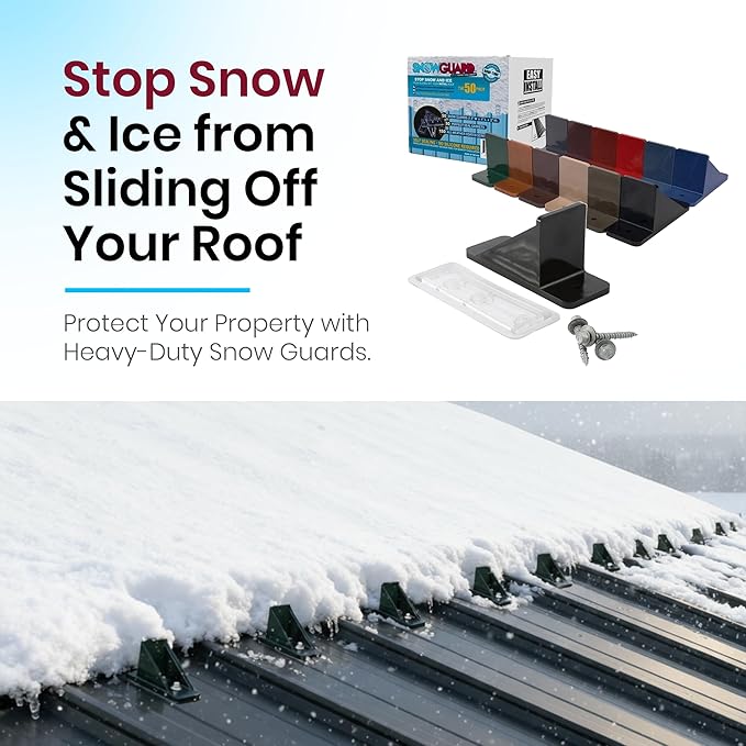 50 Pack Snow Guards for Metal Roofs – Includes Perfect Seal Gaskets & Screws – Heavy-Duty Polycarbonate Snow & Ice Stops – Prevents Sliding Snow | Black | Made in USA